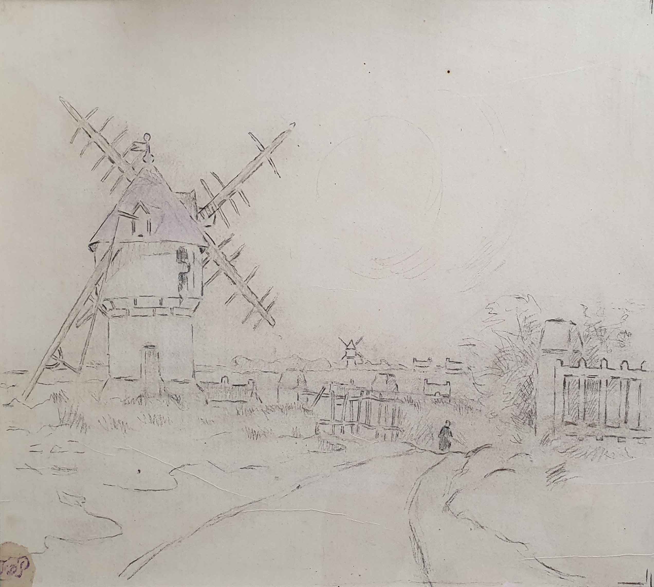 Moulins de Guérande, Ferdinand DU PUIGAUDEAU (1864-1930), crayon sur calque contrecollé, 1910-1930, H.26 x l.32 (achat en vente publique)