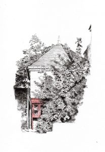 Village de Saillé, sa boîte à livre Emma BURR, crayon et aquarelle, 2022 Collection musée de Guérande
